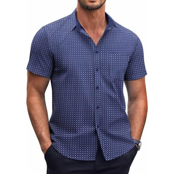 Blue square Men Short Sleeve Button Down Wrinkle Free Polka Dot Print Shirt